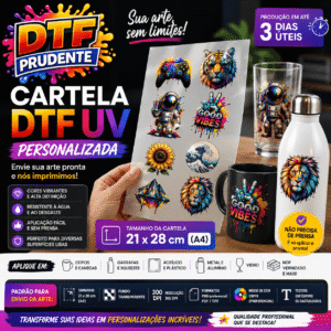 DTF UV Sob Medida | Cartela A4 com Sua Arte | Alta Definição