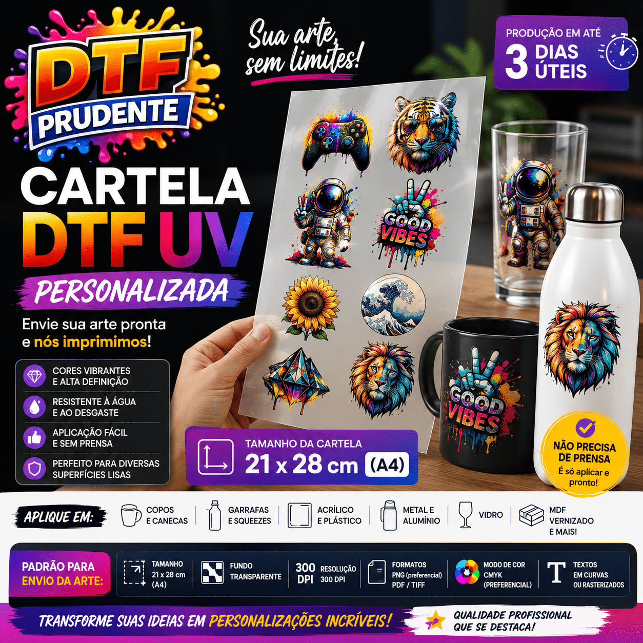 DTF UV Sob Medida | Cartela A4 com Sua Arte | Alta Definição